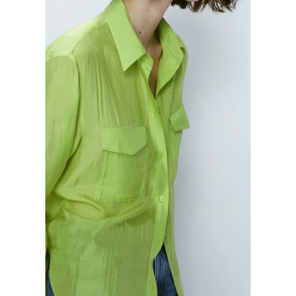 Massimo Dutti Lime Green Sheer Button-Down Shirt
